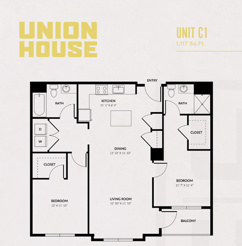 Floor plan for 2 beds, 2 baths, 1117 sqft